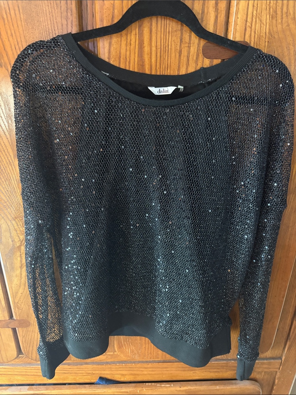 Black Sequin Mesh Long-Sleeve Top — Sheer Sparkle Layer